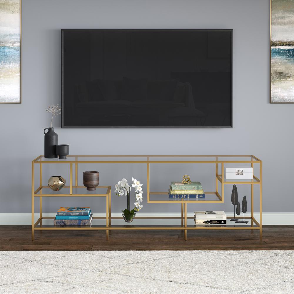 Deveraux Rectangular TV Stand with Glass Shelves for TV's up to 75" in Brass. Picture 2