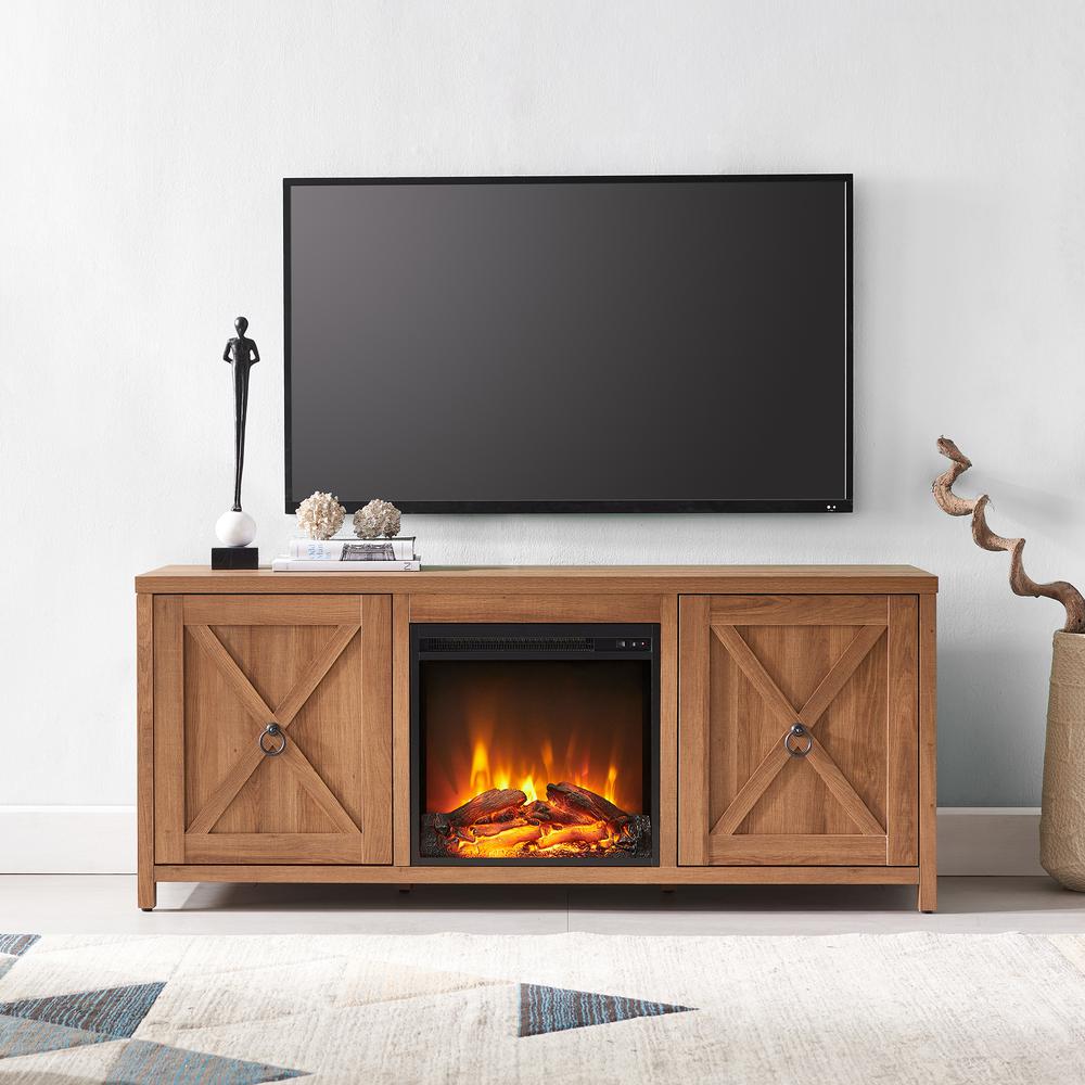 Granger Rectangular TV Stand with Log Fireplace for TV's up to 65" in Golden Oak. Picture 4