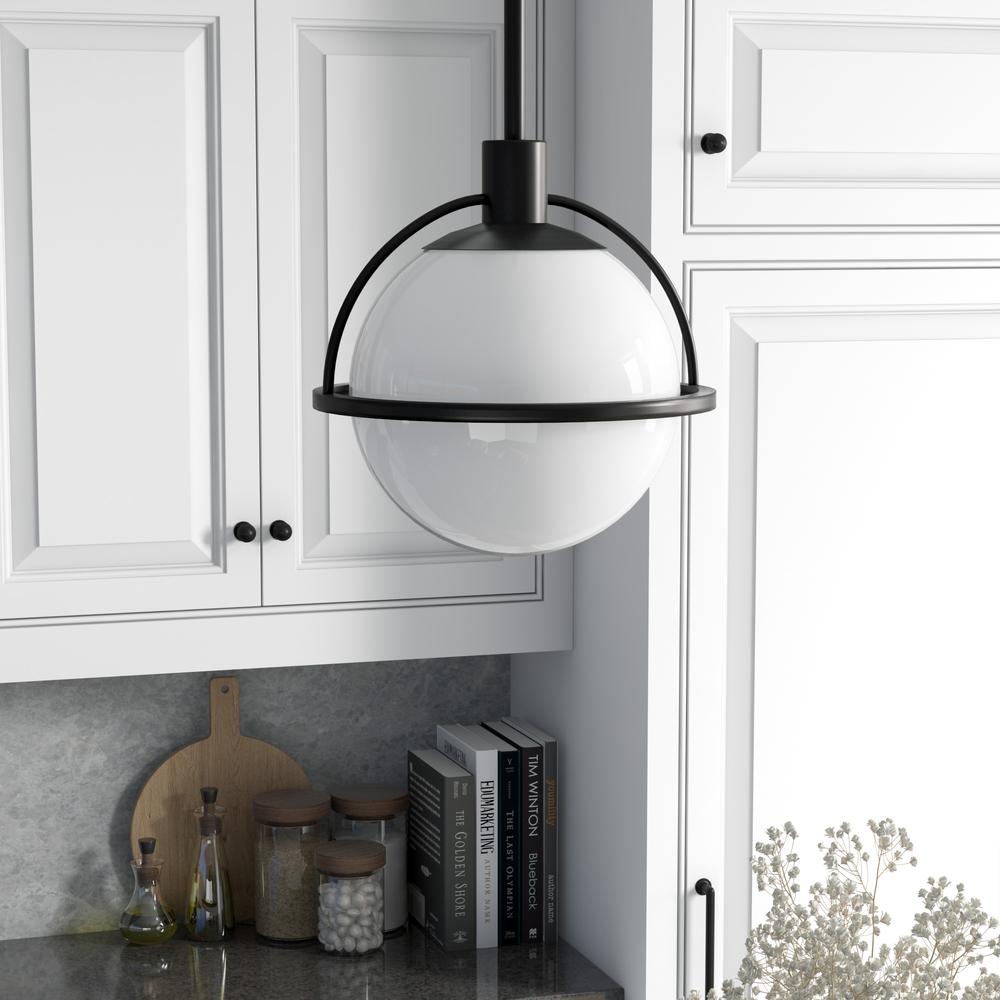 Cieonna 9.25" Wide Pendant with Glass Shade in Blackened Bronze/White Milk. Picture 2