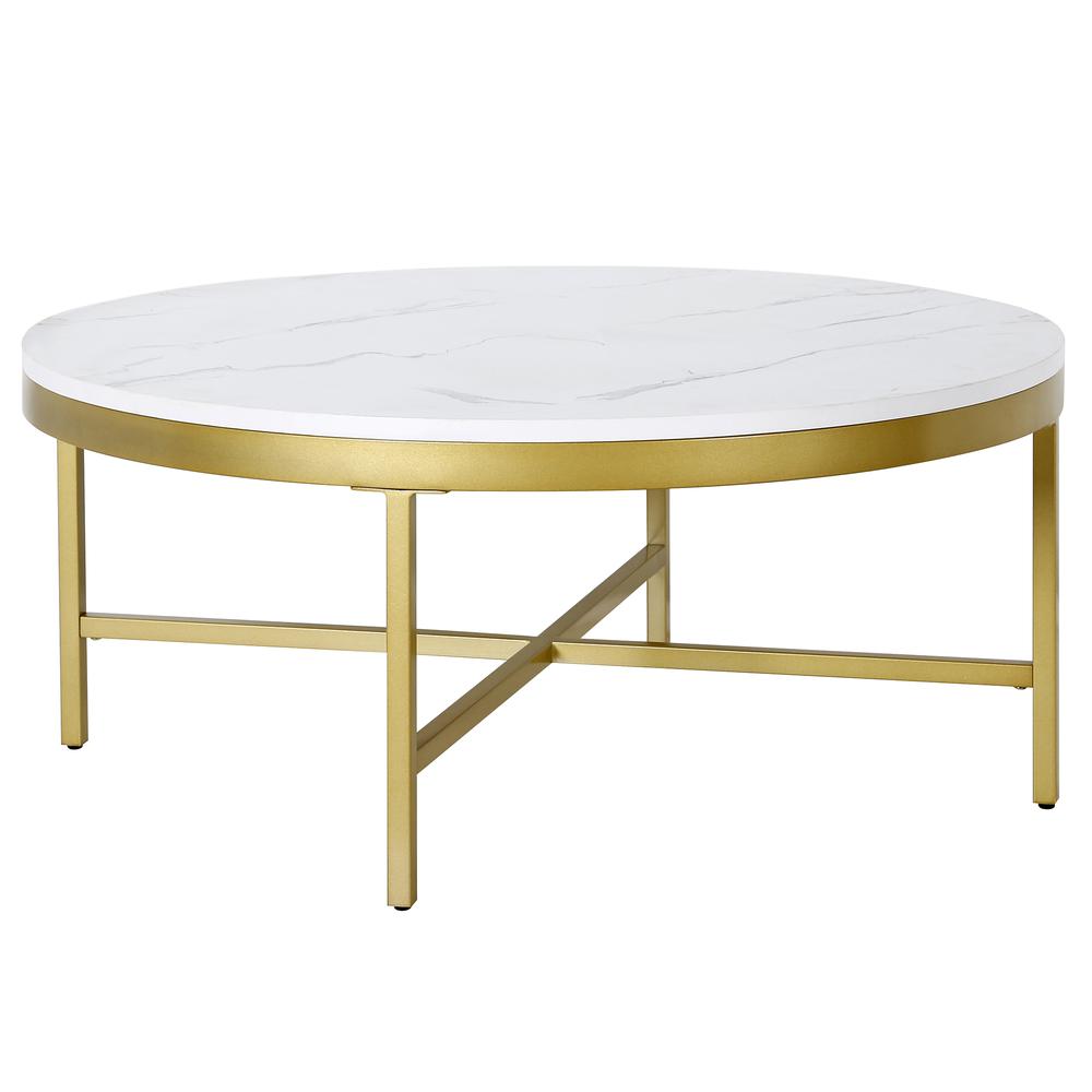 Xivil 36'' Wide Round Coffee Table with Faux Marble Top in Brass/Faux Marble. Picture 1