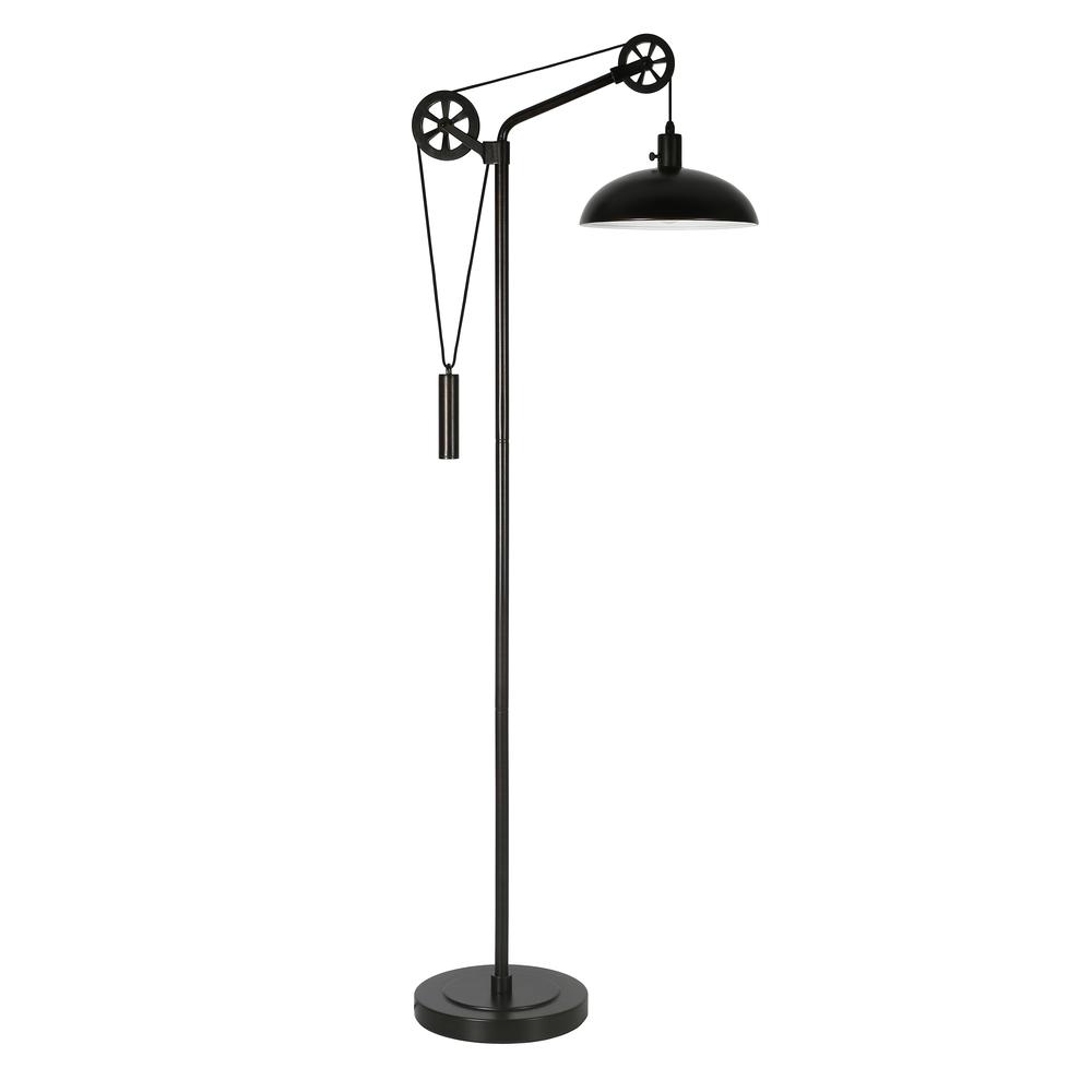 Neo Spoke Wheel Pulley System Floor Lamp with Metal Shade in Blackened Bronze/Blackened Bronze. Picture 1