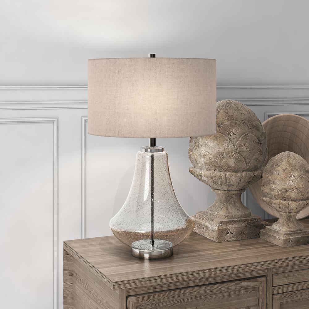 Lagos 23" Tall Table Lamp with Fabric Shade in Seeded Glass/Polished Nickel/Flax. Picture 2