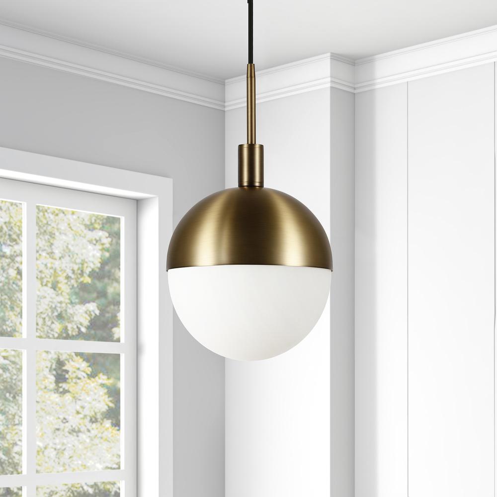 Orb 10" Wide Large Pendant with Glass Shade in Brass/White Milk. Picture 2