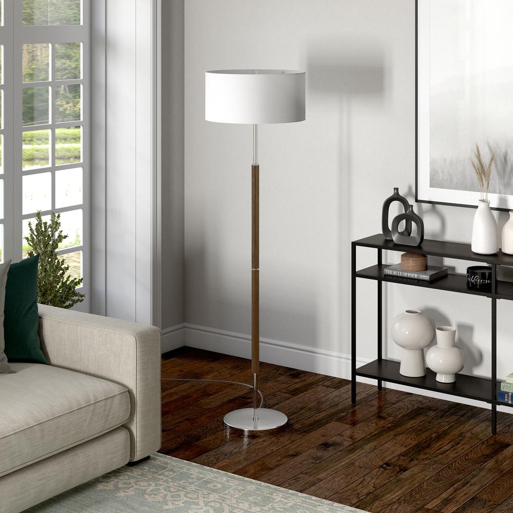 Simone 2-Light Floor Lamp with Fabric Shade in Rustic Oak/Polished Nickel/White. Picture 3