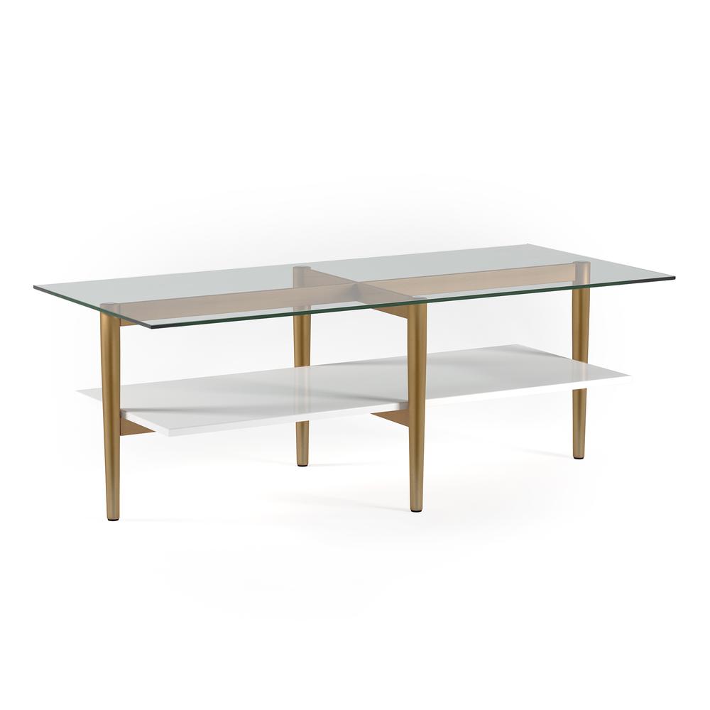 Otto 47'' Wide Rectangular Coffee Table with MDF Shelf in Brass and White Lacquer. Picture 1