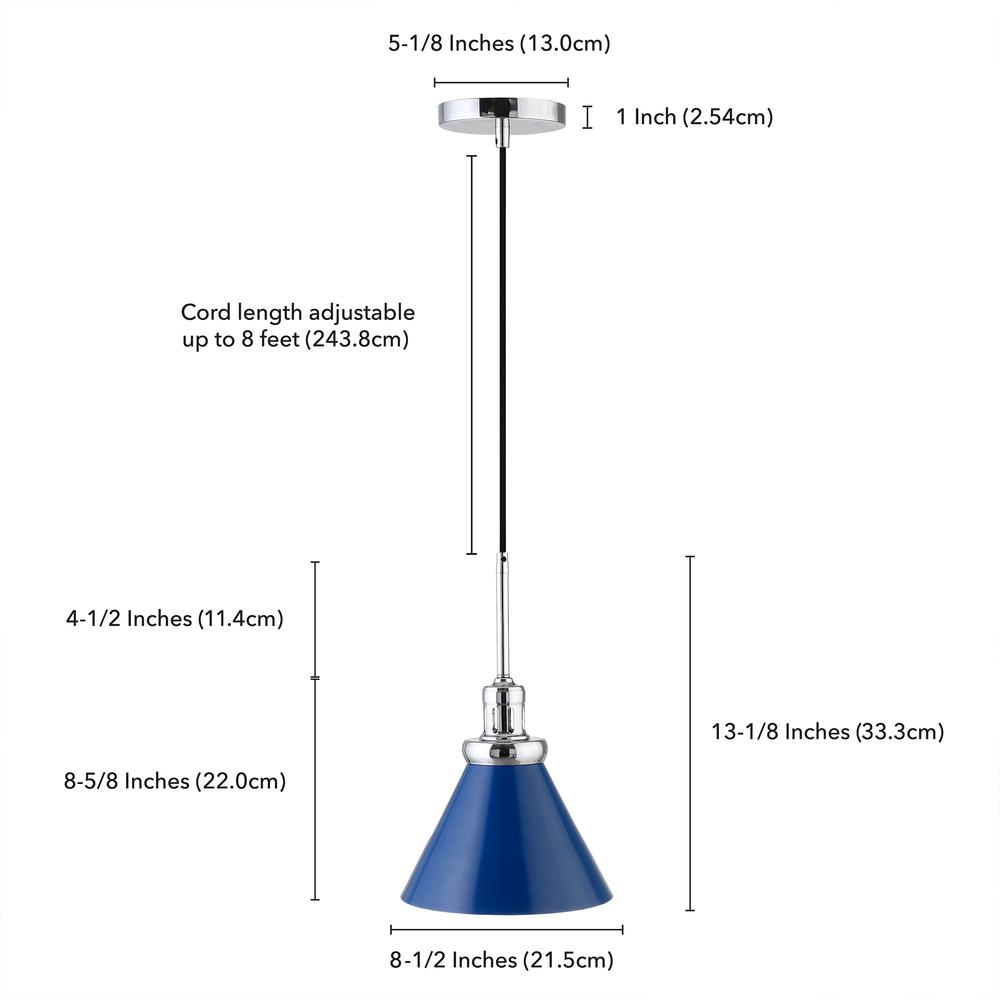 Zeno 8.5" Wide Pendant with Metal Shade in Blue/Polished Nickel/Blue. Picture 5