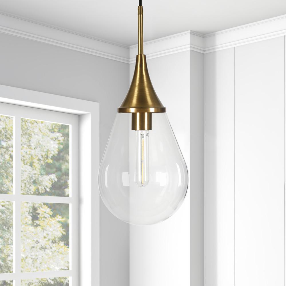 Ambrose 7.63" Wide Pendant with Glass Shade in Brass/Clear. Picture 2