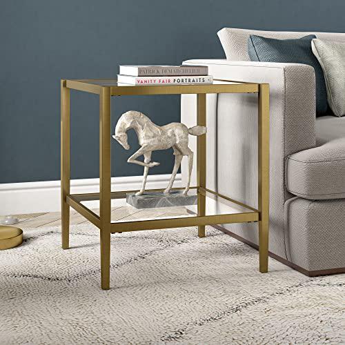 Hera 20'' Wide Square Side Table with Clear Shelf in Antique Brass. Picture 7
