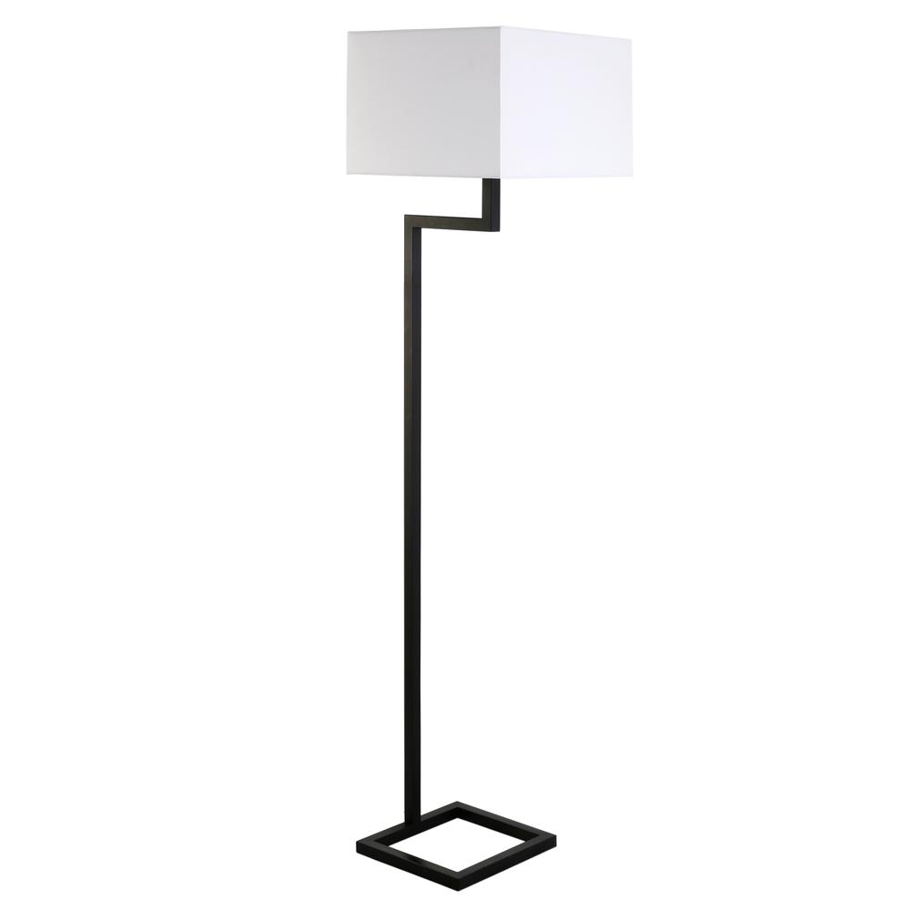 Xavier 64" Tall Floor Lamp with Fabric Shade in Blackened Bronze/White. Picture 1
