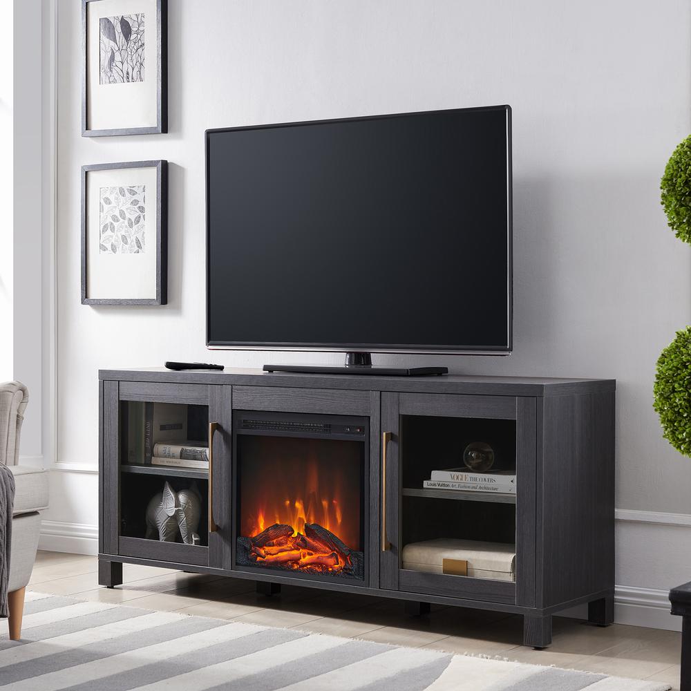 Quincy Rectangular TV Stand with Log Fireplace for TV's up to 65" in Charcoal Gray. Picture 2