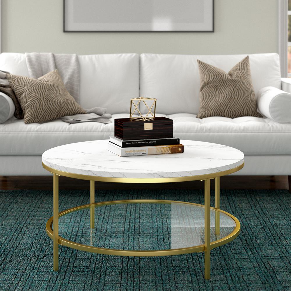 Sivil 36'' Wide Round Coffee Table with Faux Marble Top in Gold. Picture 2
