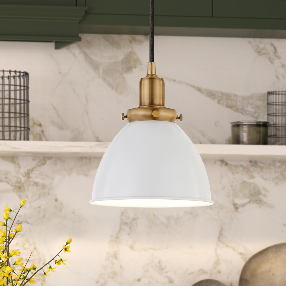 Madison 8" Wide Pendant with Metal Shade in White/Brass/White. Picture 2