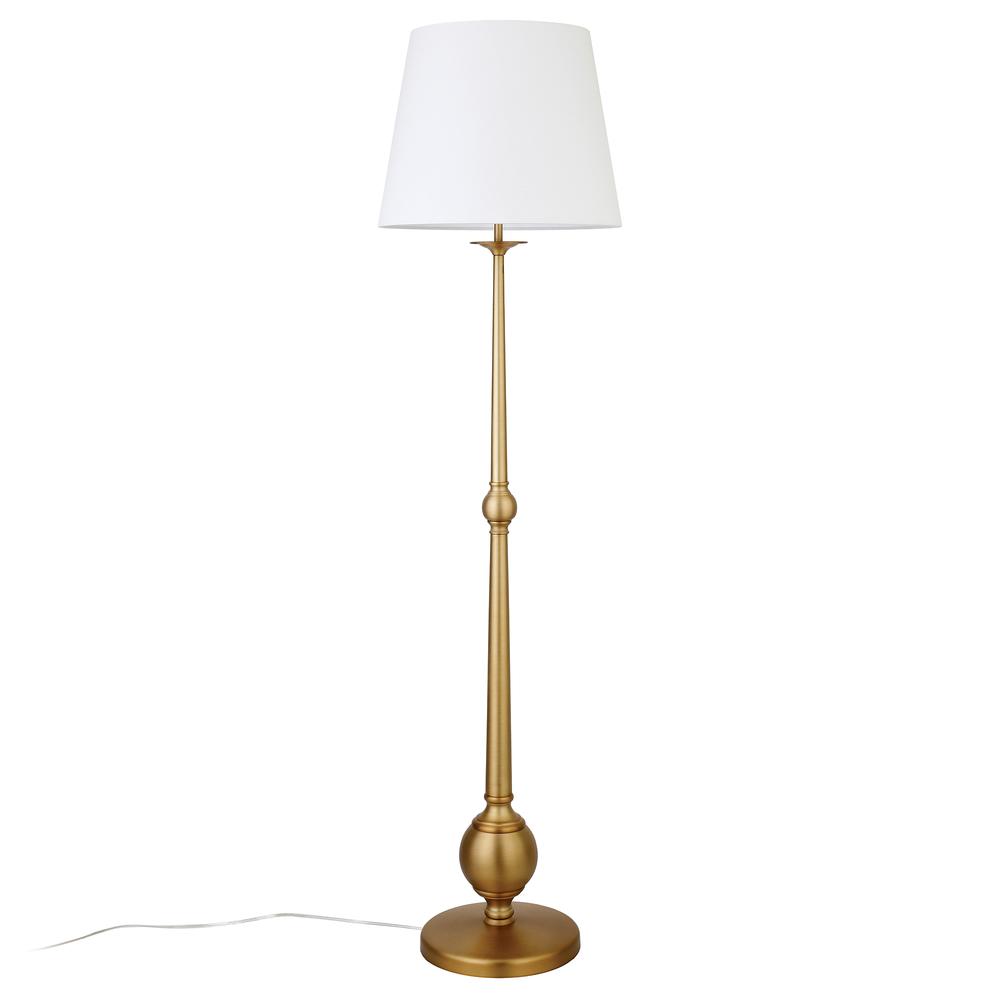 Wilmer 68" Tall Floor Lamp with Fabric Shade in Brushed Brass/White. Picture 3