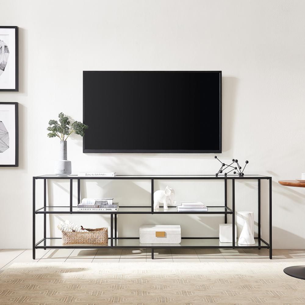 Winthrop Rectangular TV Stand with Glass Shelves for TV's up to 80" in Blackened Bronze. Picture 5