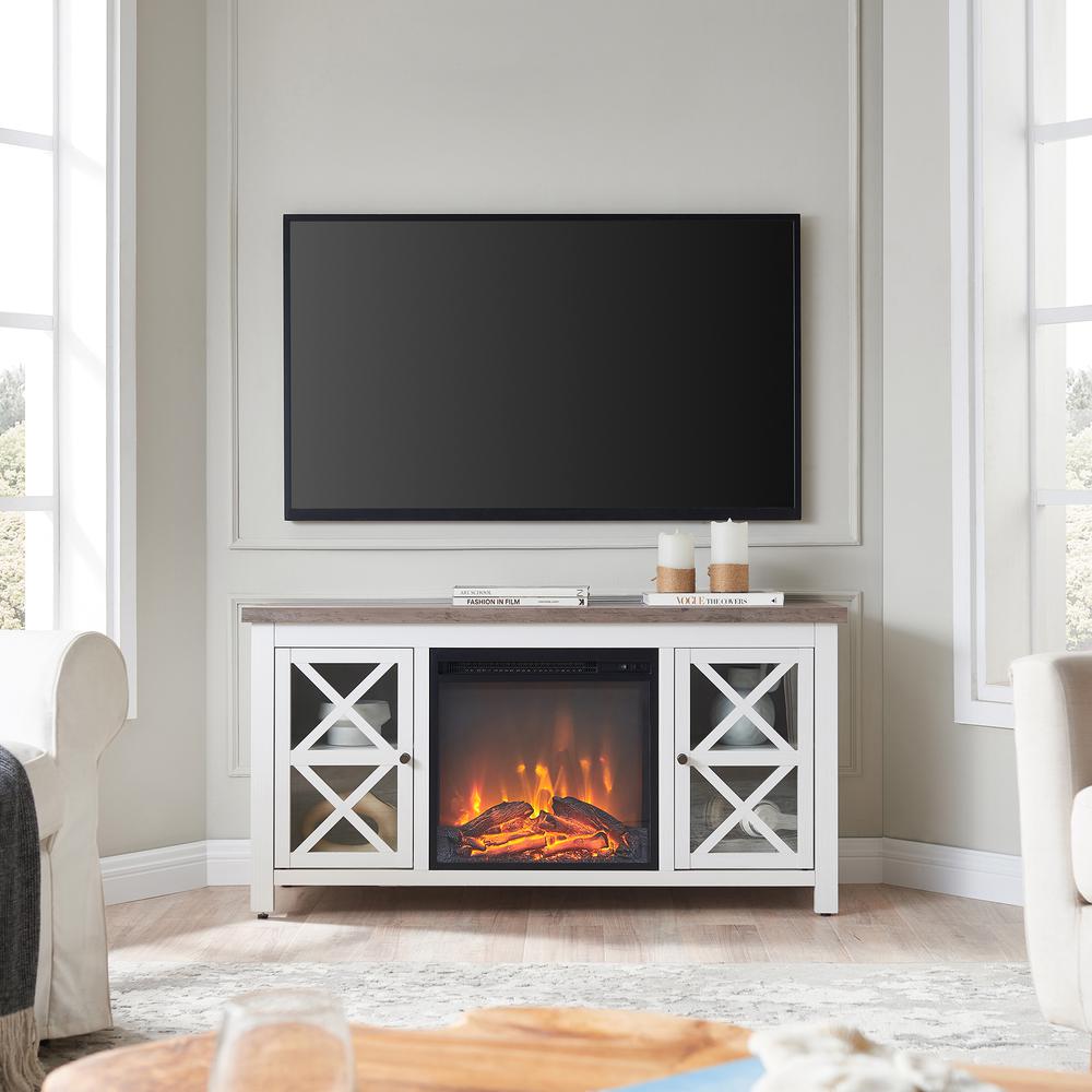 Colton Rectangular TV Stand with Log Fireplace for TV's up to 55" in White/Gray Oak. Picture 4