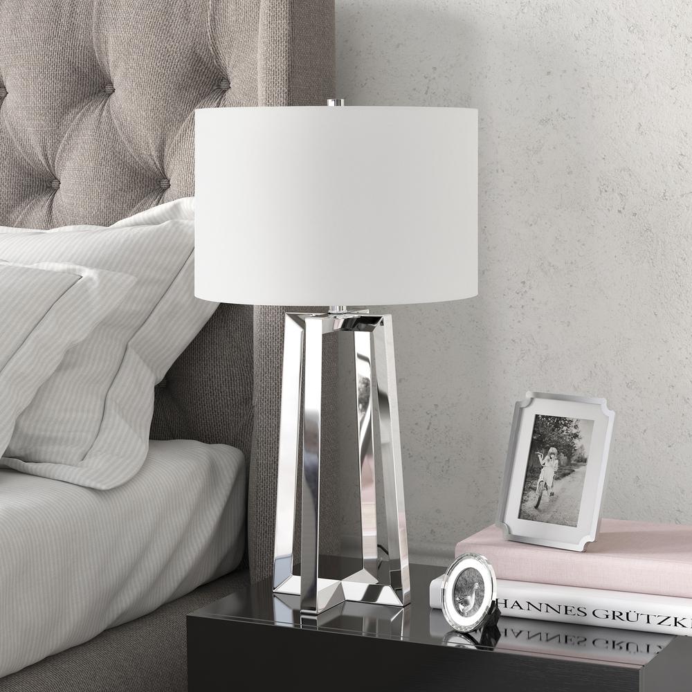 Helena 24.5" Tall Table Lamp with Fabric Shade in Polished Nickel/White. Picture 2