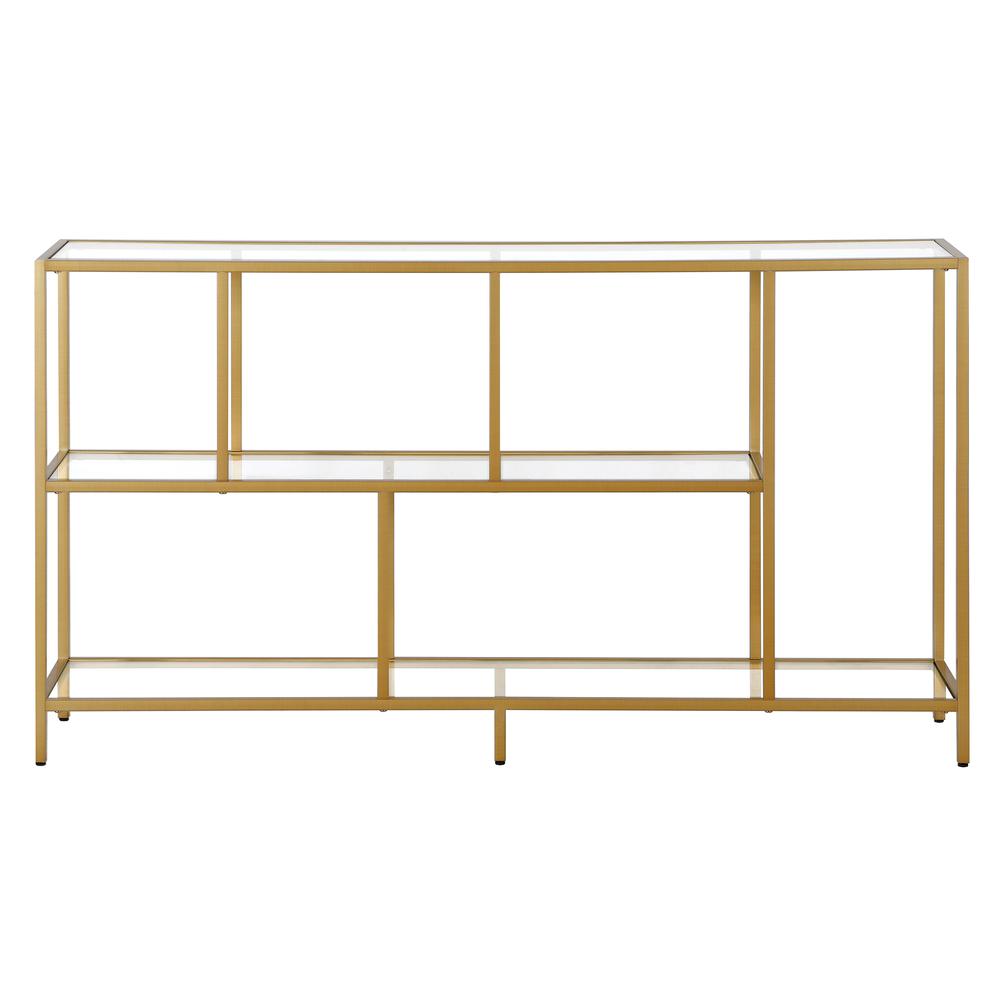 Winthrop 52" Wide Rectangular Console Table with Glass Shelves in Brass. Picture 3