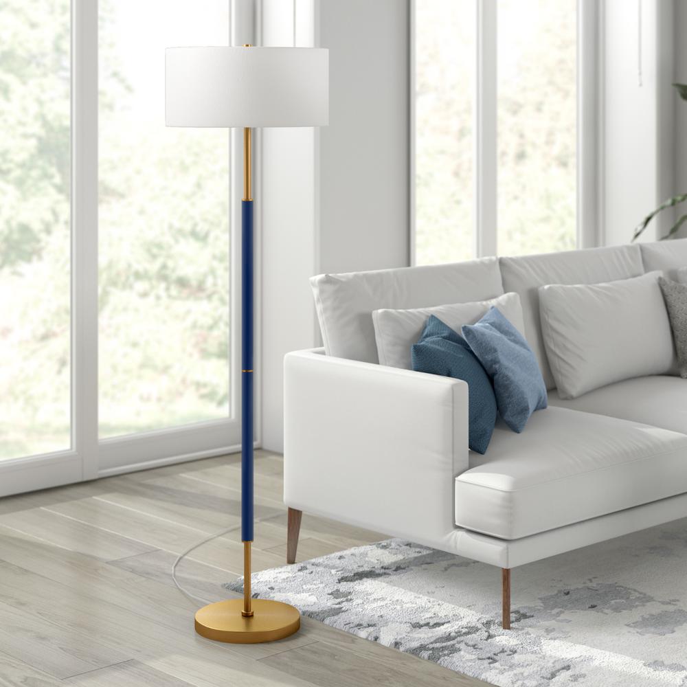 Simone 2-Light Floor Lamp with Fabric Shade in Blue/Brass /White. Picture 2