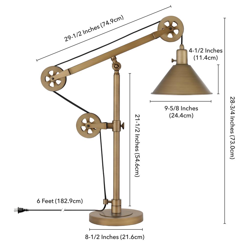 Descartes 29" Tall Pulley System Table Lamp with Metal Shade in Brass/Brass. Picture 4