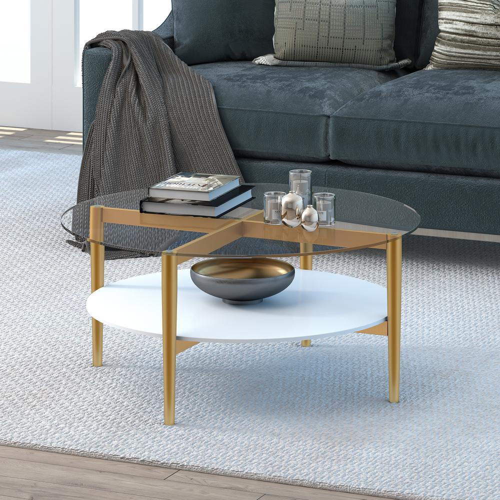 Otto 36'' Wide Round Coffee Table with MDF Shelf in Brass/White Lacquer. Picture 2