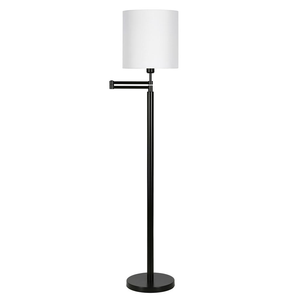 Moby Swing Arm Floor Lamp with Fabric Drum Shade in Blackened Bronze/White. Picture 1