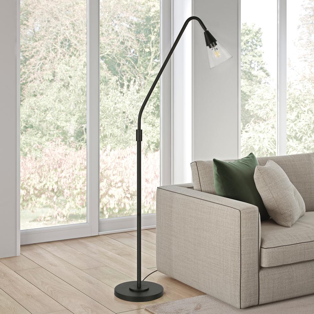 Challice Arc Floor Lamp with Glass Shade in Blackened Bronze/Clear. Picture 2