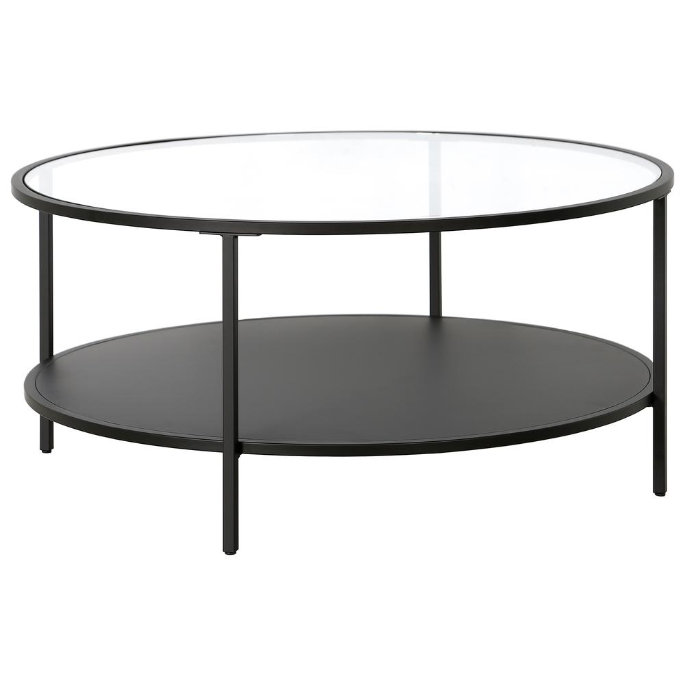 Sivil 36'' Wide Round Coffee Table with Glass Top and Metal Shelf in Blackened Bronze. Picture 1