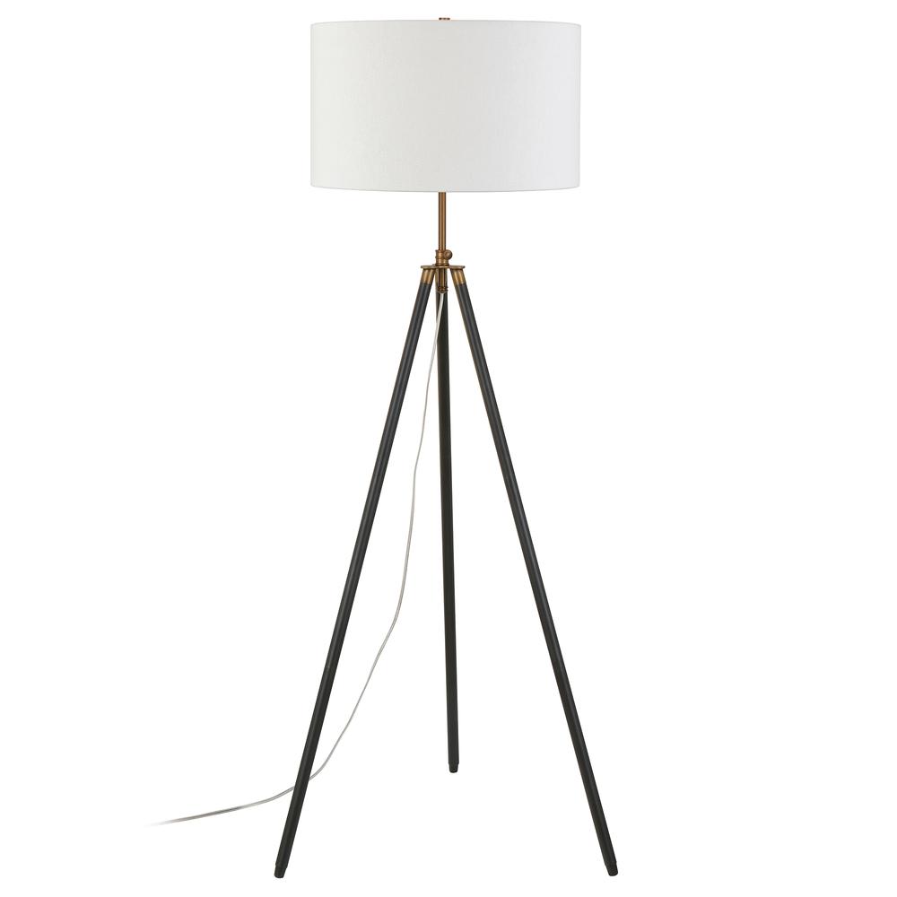 Kahn Two-Tone Floor Lamp with Fabric Shade in Blackened Bronze/Antique Brass/White. Picture 1