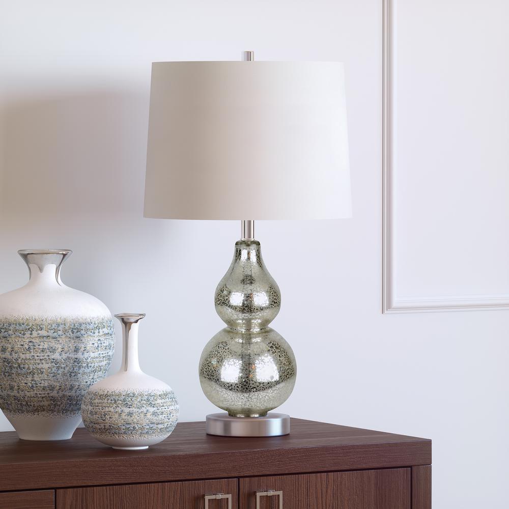 Katrina 21.25" Tall Petite Table Lamp with Fabric Shade in Mercury Glass/Satin Nickel/White. Picture 2