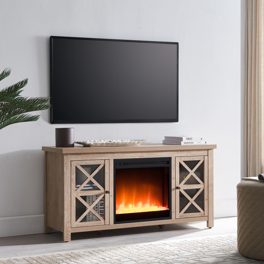 Colton Rectangular TV Stand with Crystal Fireplace for TV's up to 55" in White Oak. Picture 2