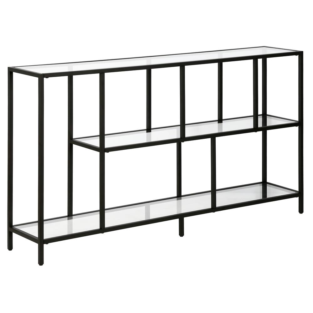 Winthrop 52" Wide Rectangular Console Table with Glass Shelves in Blackened Bronze. Picture 1