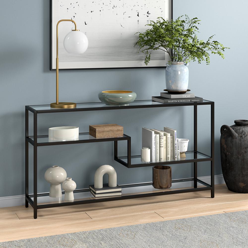 Mathis 55" Wide Rectangular Console Table with Glass Top in Blackened Bronze. Picture 2