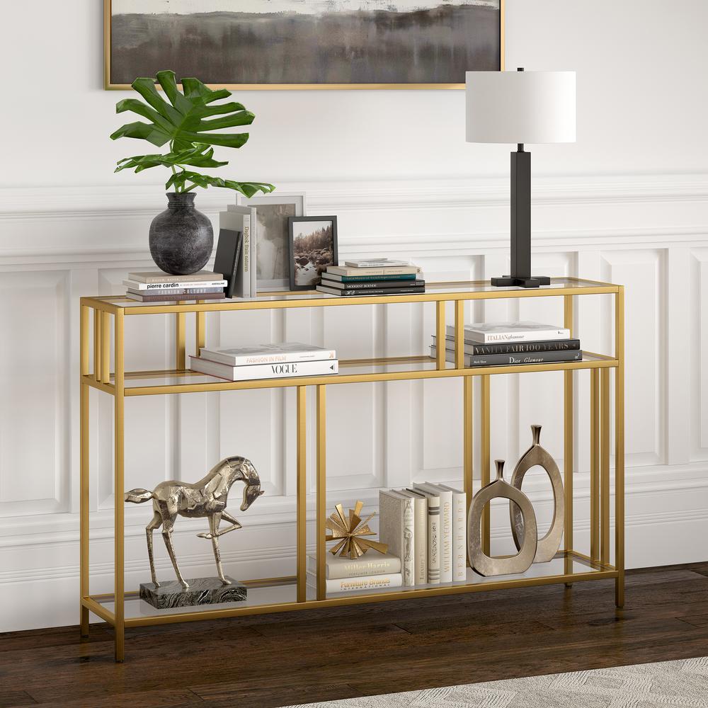 Cortland 48'' Wide Rectangular Console Table with Glass Shelves in Brass. Picture 2
