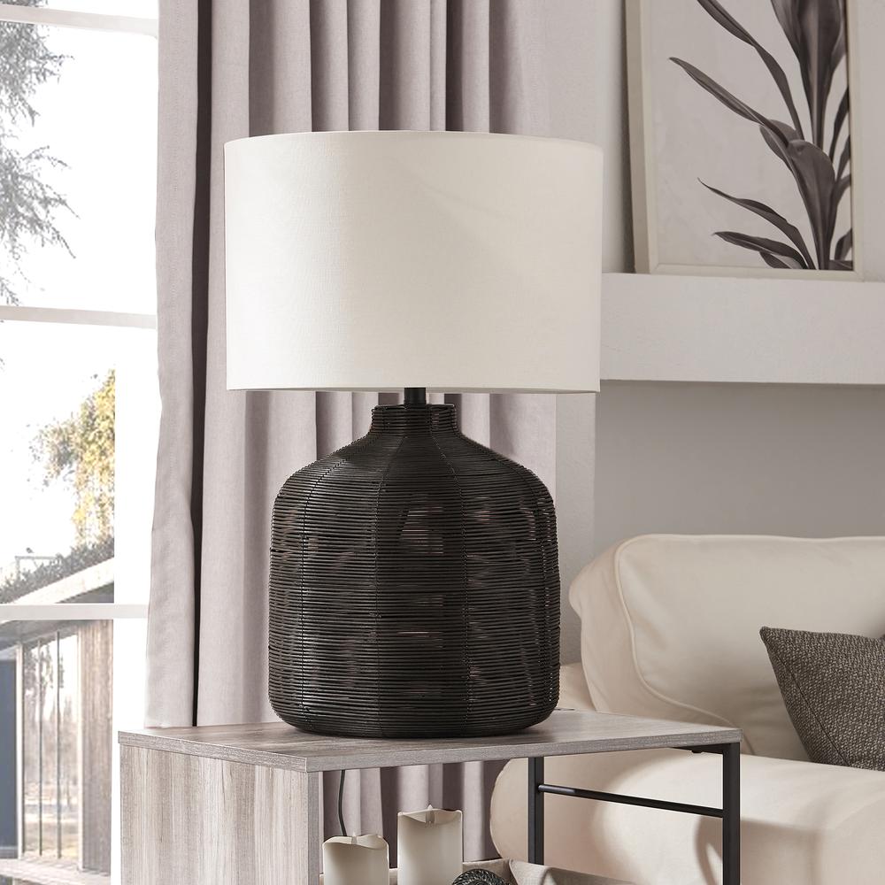 Jolina 26.5" Tall Oversized/Rattan Table Lamp with Fabric Shade in Black Rattan/White. Picture 2