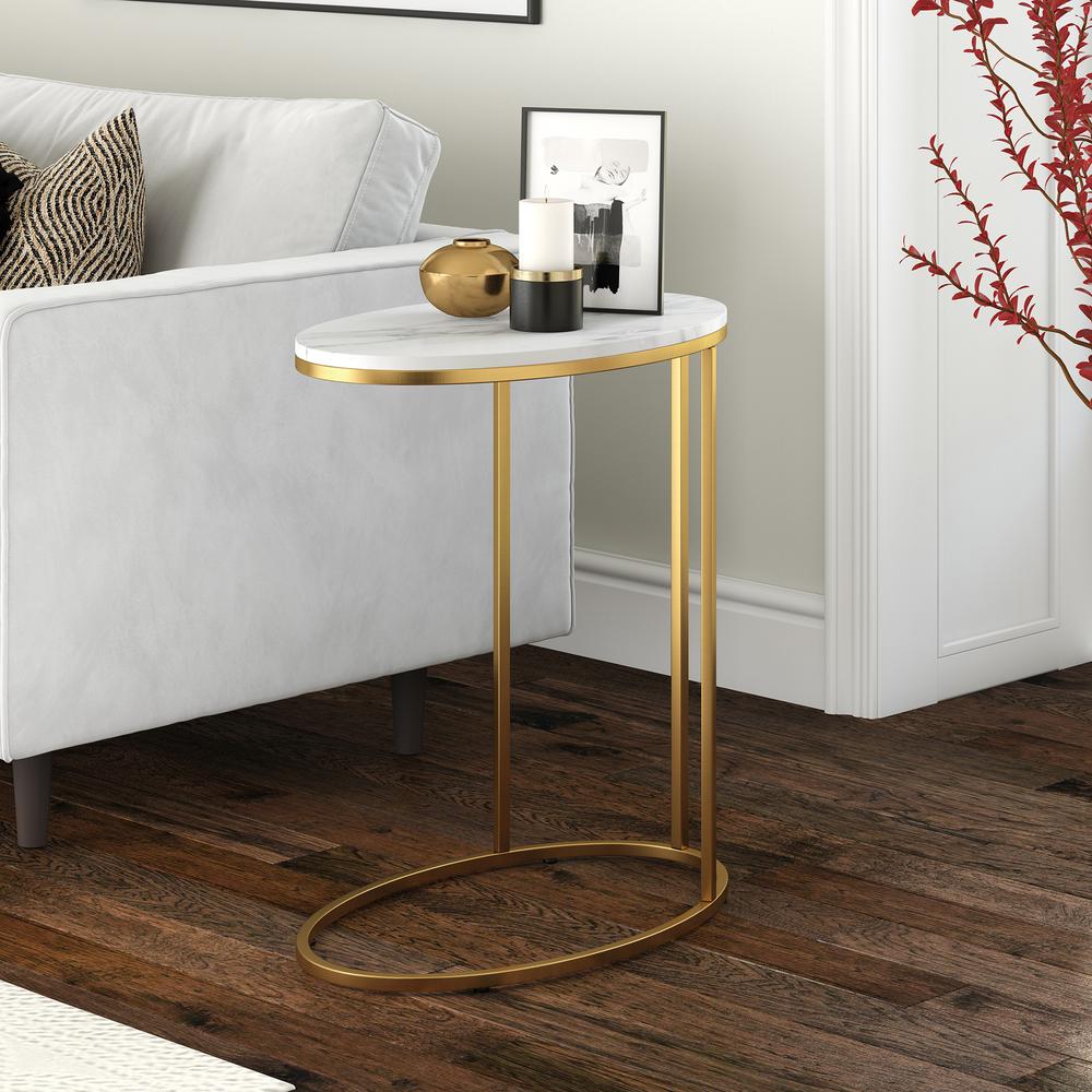 Enzo 20'' Wide Oval Side Table with Faux Marble Top in Brass. Picture 2
