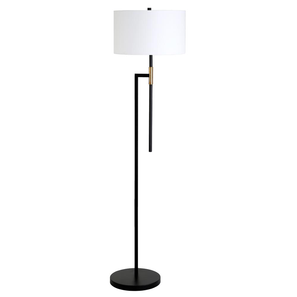 Nico 63" Tall Floor Lamp with Fabric Shade in Matte Black/Brass/White. Picture 1