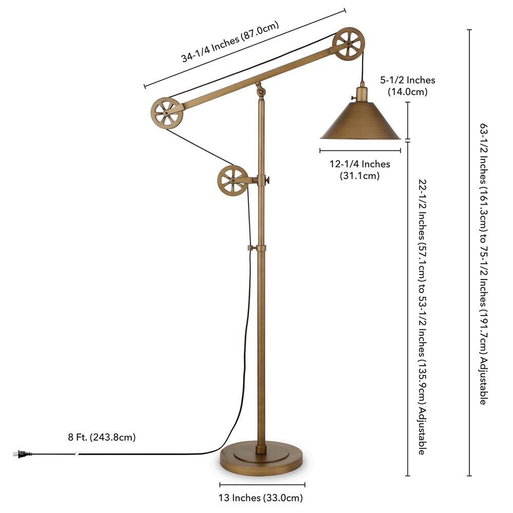 Descartes Pulley System Floor Lamp with Metal Shade in Antique Brass/Antique Brass. Picture 5