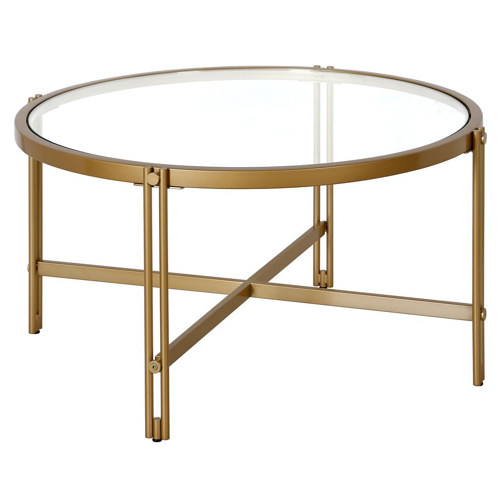 Inez 32" Wide Round Coffee Table in Brass. Picture 1