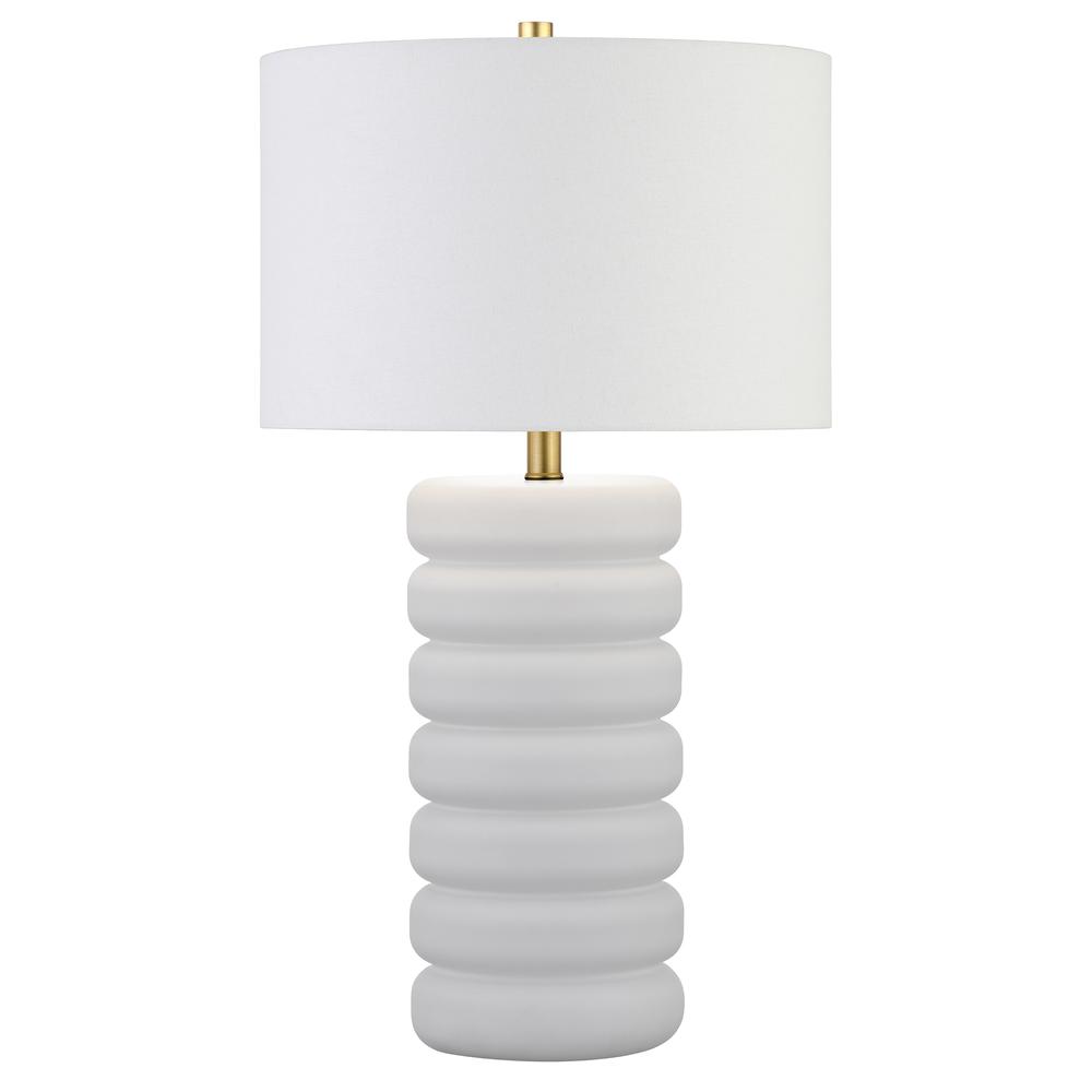 Zelda 25" Tall Ceramic Bubble Body Table Lamp with Fabric Shade in Matte White/Brass/White. Picture 1