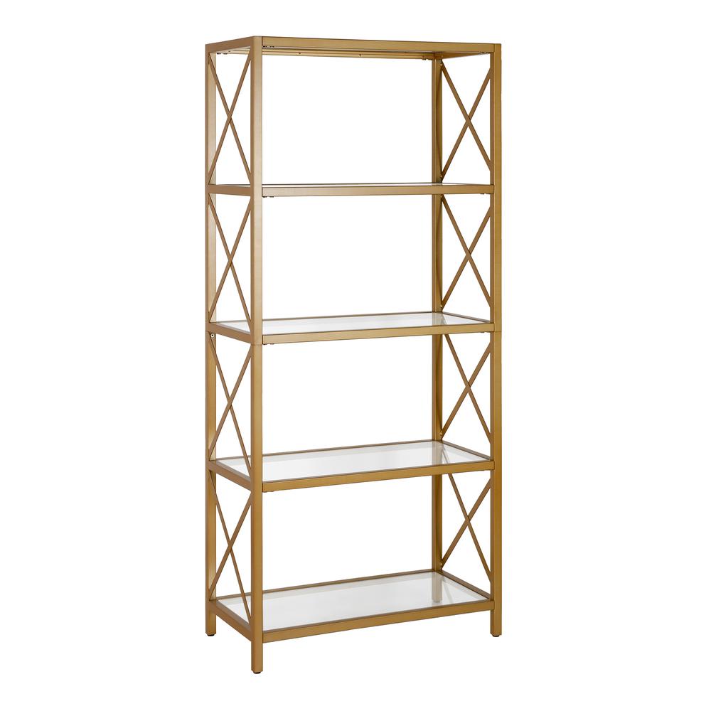 Celine 30'' Wide Rectangular Bookcase in Brushed Brass. Picture 1
