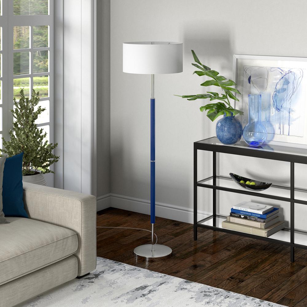 Simone 2-Light Floor Lamp with Fabric Shade in Blue/Polished Nickel/White. Picture 2