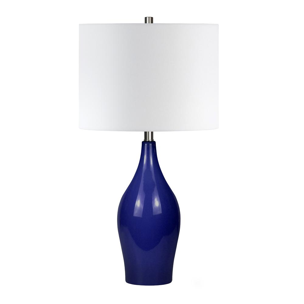 Bella 28.25" Tall Porcelain Table Lamp with Fabric Shade in Navy Blue/White. Picture 1
