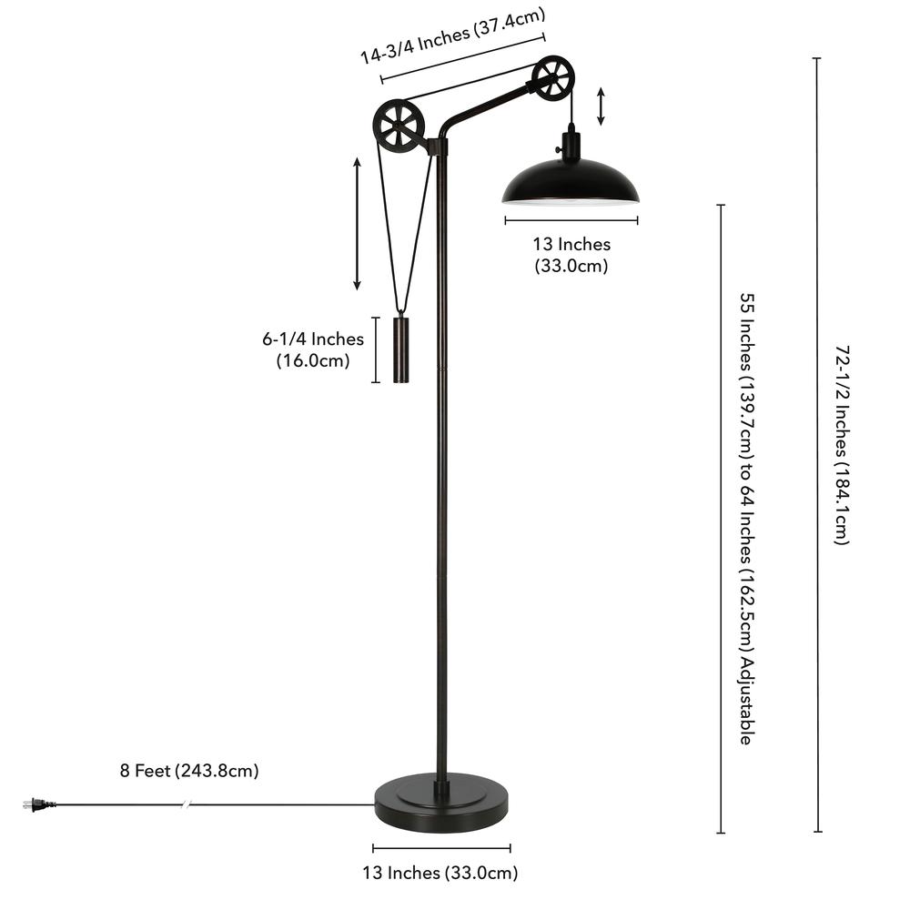 Neo Spoke Wheel Pulley System Floor Lamp with Metal Shade in Blackened Bronze/Blackened Bronze. Picture 4