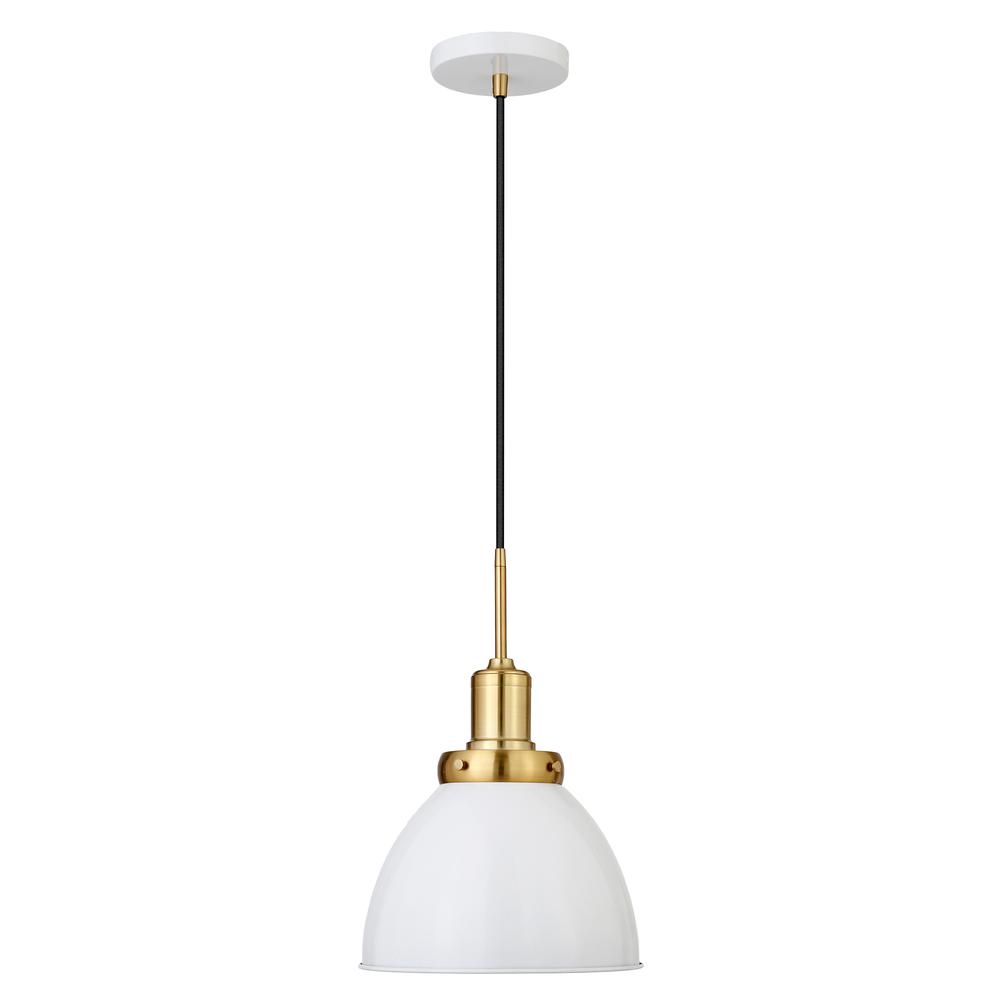 Madison 12" Wide Pendant with Metal Shade in White/Brass/White. Picture 1