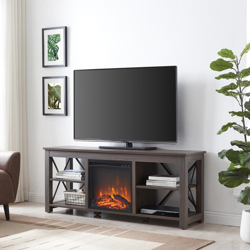 Sawyer Rectangular TV Stand with Log Fireplace for TV's up to 65" in Alder Brown. Picture 2