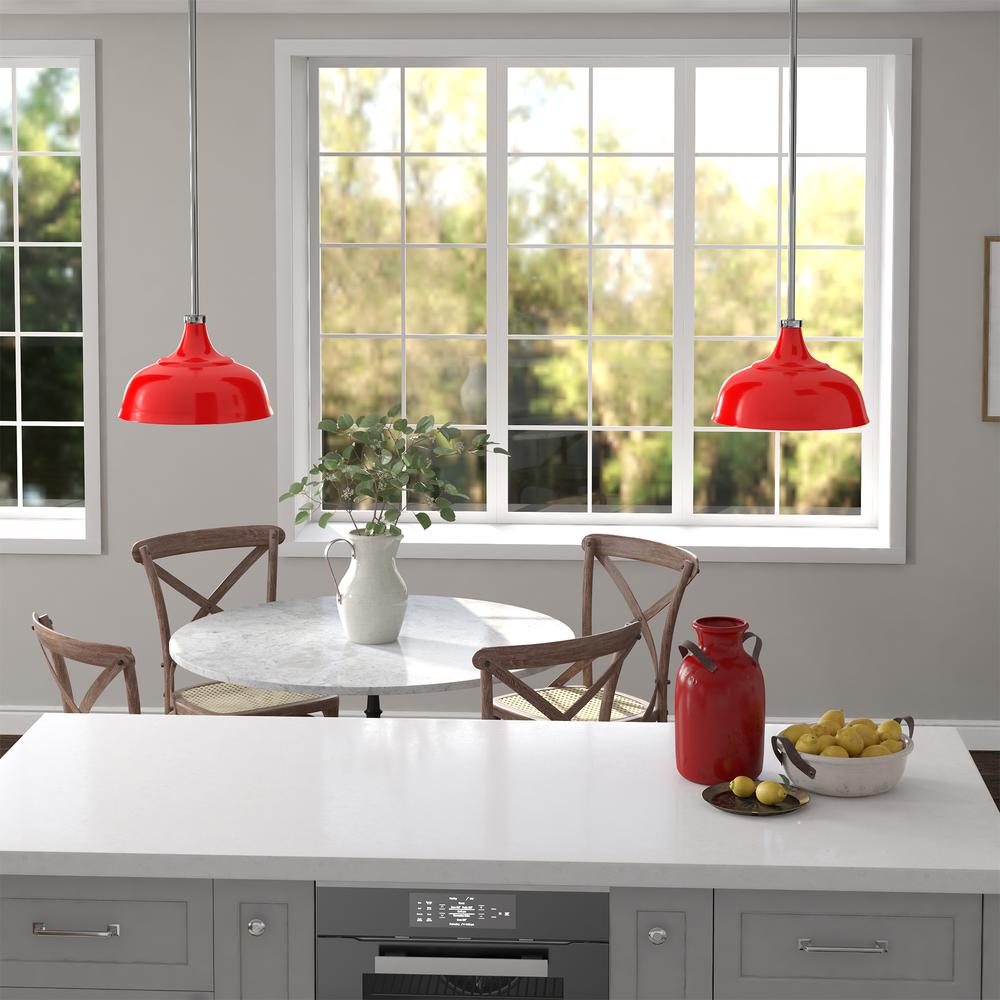 Mackenzie  10.75" Wide Pendant with Metal Shade in Poppy Red/Polished Nickel/Poppy Red. Picture 4