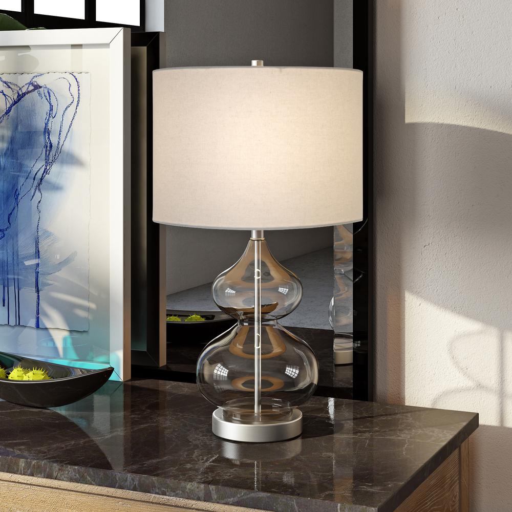 Katrin 23.5" Tall Table Lamp with Fabric Shade in Clear Glass/Satin Nickel/White. Picture 2