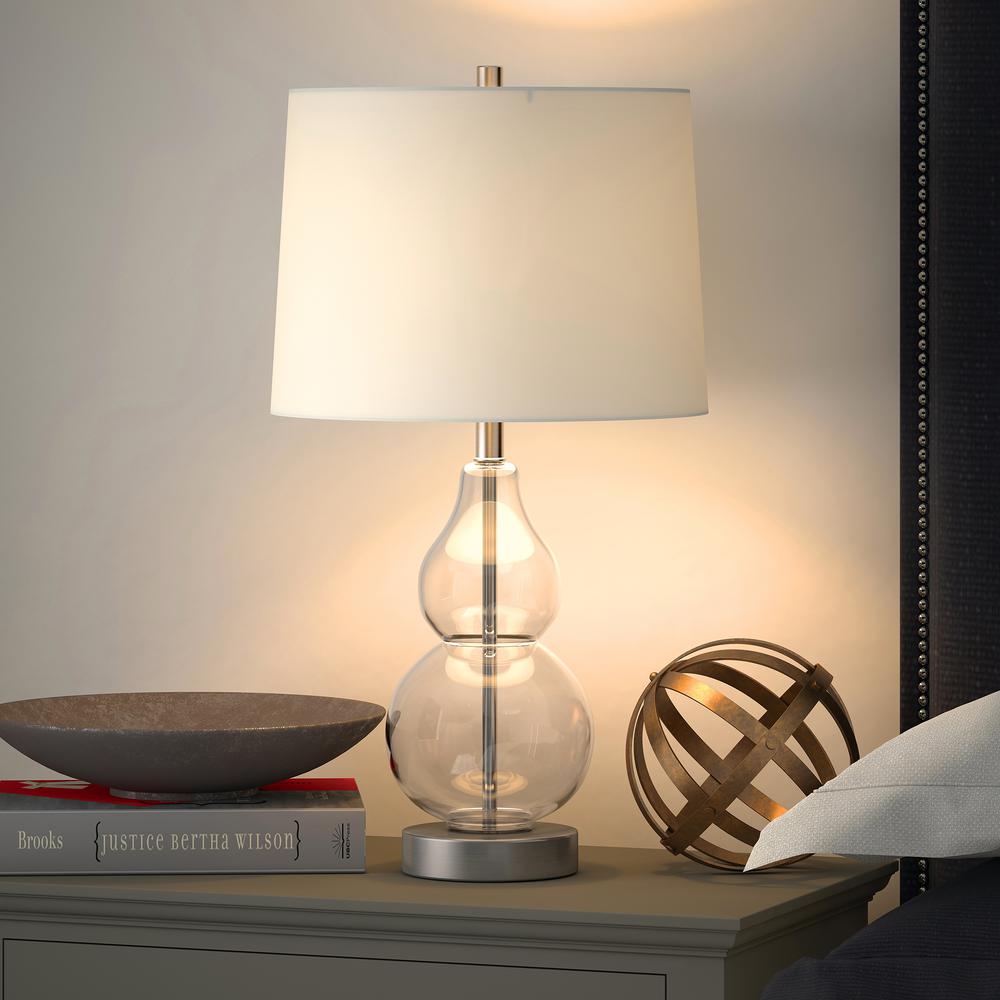 Katrina 21.25" Tall Petite Table Lamp with Fabric Shade in Clear Glass/Satin Nickel/White. Picture 2