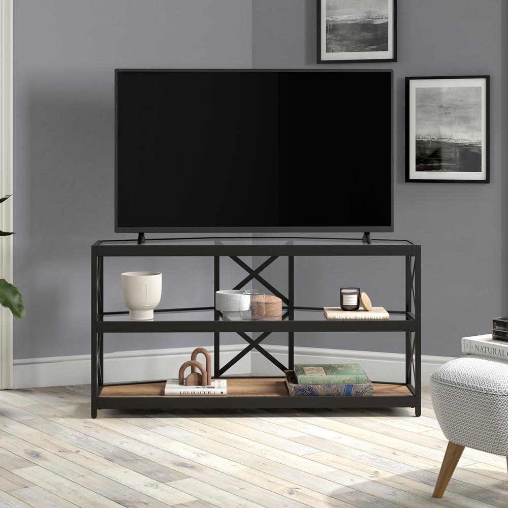 Celine Corner TV Stand with MDF Shelves for TV's up to 55" in Blackened Bronze/Rustic Oak. Picture 2