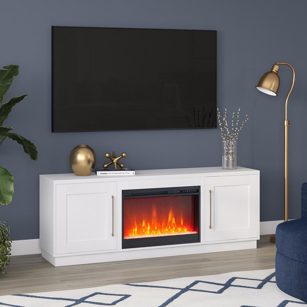 Tillman Rectangular TV Stand with Crystal Fireplace for TV's up to 80" in White. Picture 4